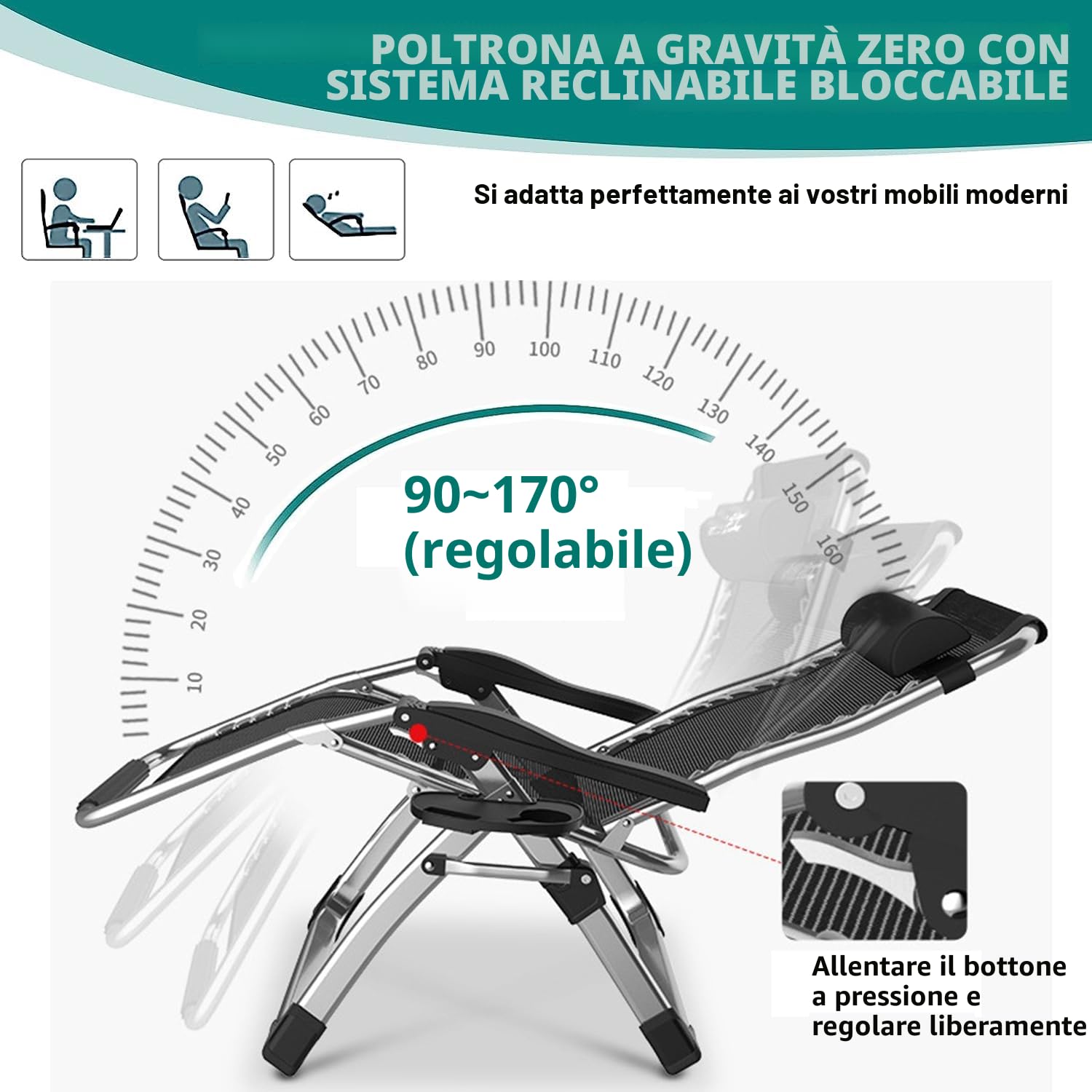 Sedia a Sdraio Pieghevole per Esterni, Senza Peso, con Cuscino, Regolabile, per Patio, Giardino, Spiaggia, Piscina, con Cuscino, 240 kg (Nero)