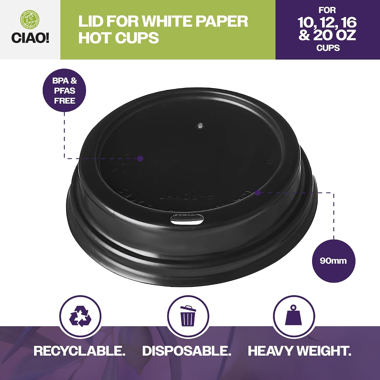CIAO! Coffee Cup Sipper Black Dome Lid, Designed and Fit for 10OZ/12OZ/16OZ/20OZ Paper Cups, (90mm) 1,000 Count