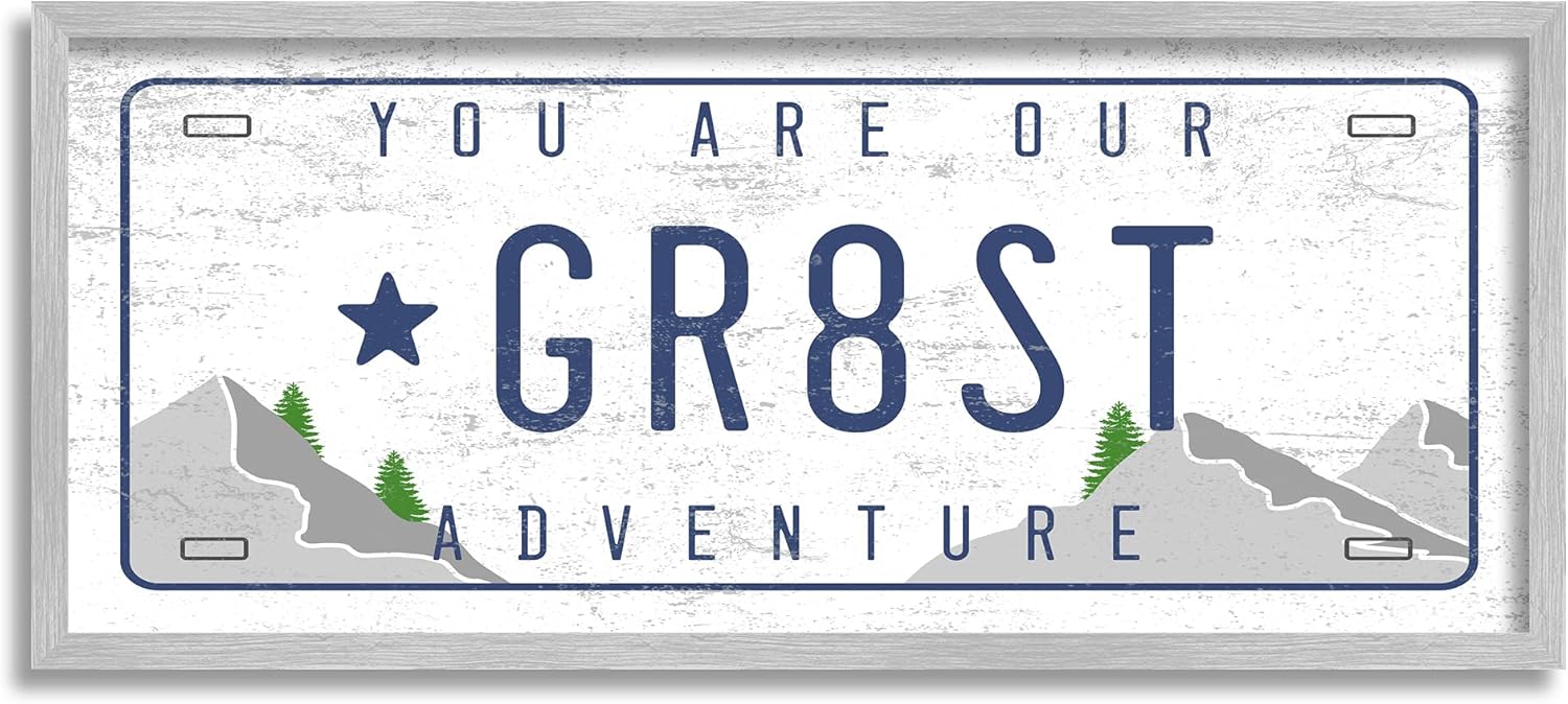Stupell Industries Our Greatest Adventure Mountain Range License Plate, Designed by Daphne Polselli Gray Framed Wall Art, 13 x 30, Grey