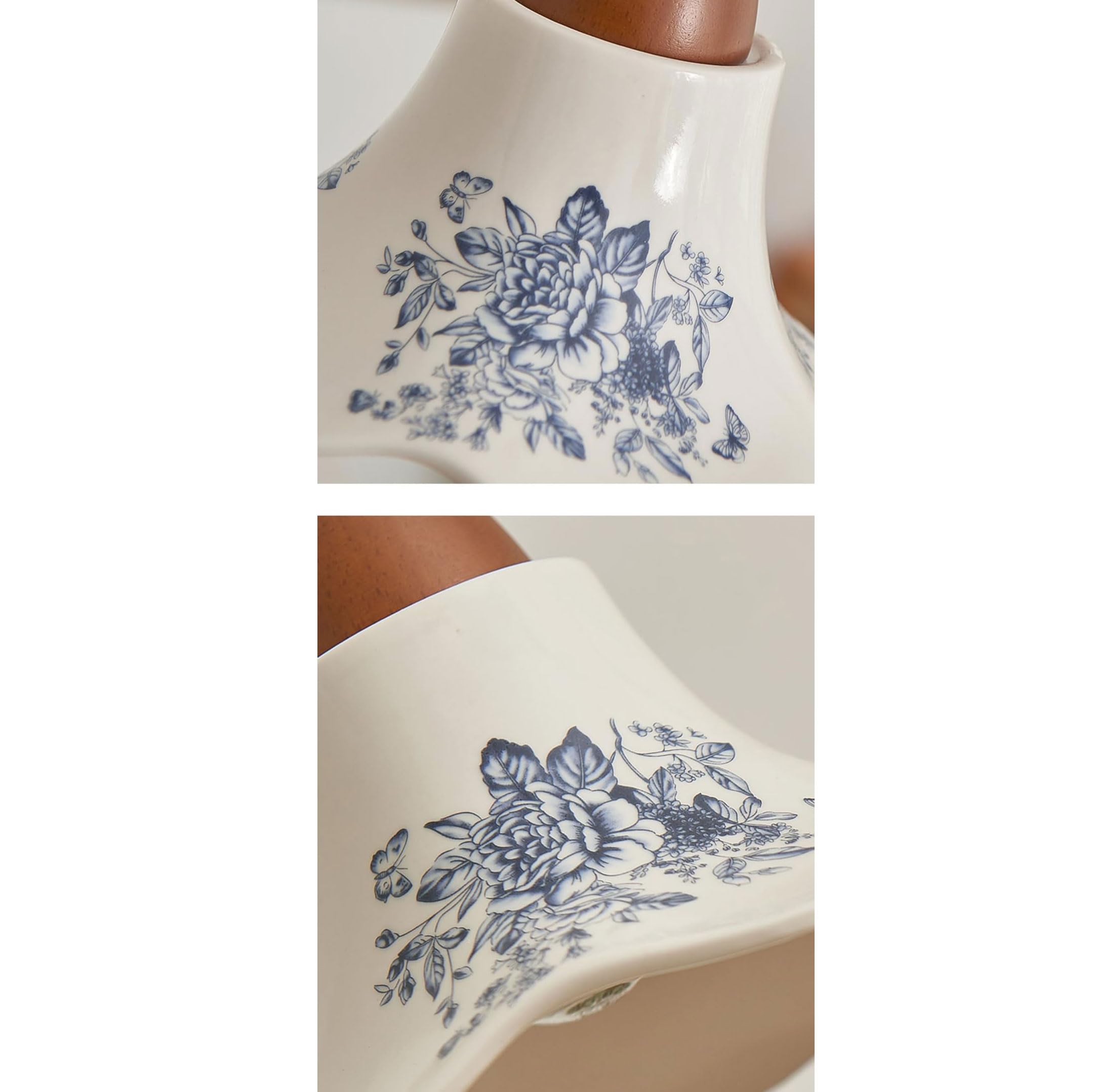 Zawieszenie w stylu vintage z niebieskiej i białej porcelany, z drewnianą podstawą i dekoracyjnym kloszem w kształcie kwiatu. Żyrandol z regulacją wysokości, idealny do sypialni, jadalni