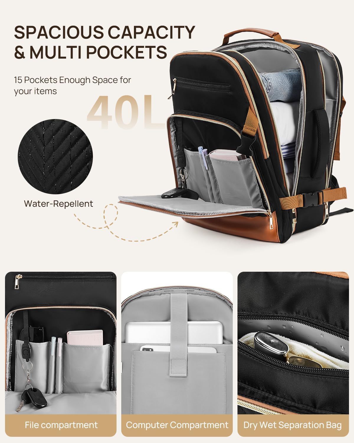 Telena Travel Backpack for Women, 17.3 inch Laptop TSA Carry On Personal Item Size Flight Approved Travel Bag Daypack with Multi-Pockets for Work, Travel, Business, Black-Brown