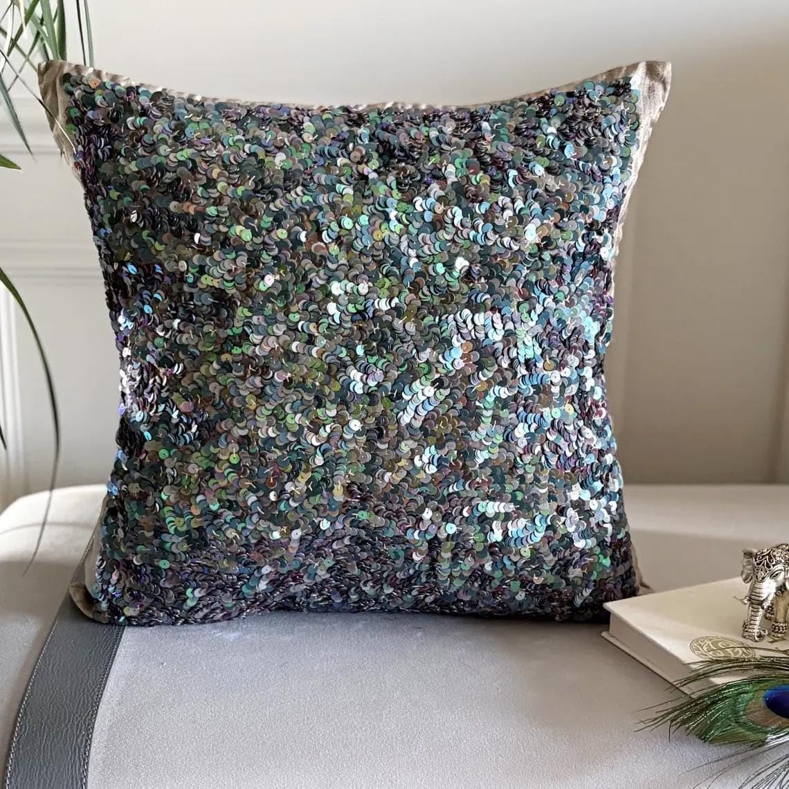The HomeCentric Cushion Covers for Couch, Decorative Blue 16"x16" (40x40 cm) Throw Pillow Cover for Sofa, Silk Sequins & Peacock Pillowcase with Zipper, Abstract Modern - Dazzling Flora