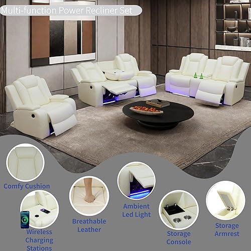 Miniatura 3 de Juego de sillón reclinable eléctrico con luces LED, juego reclinable de cuero con puerto USBcargador inalámbricoconsola de almacenamientoportavasos