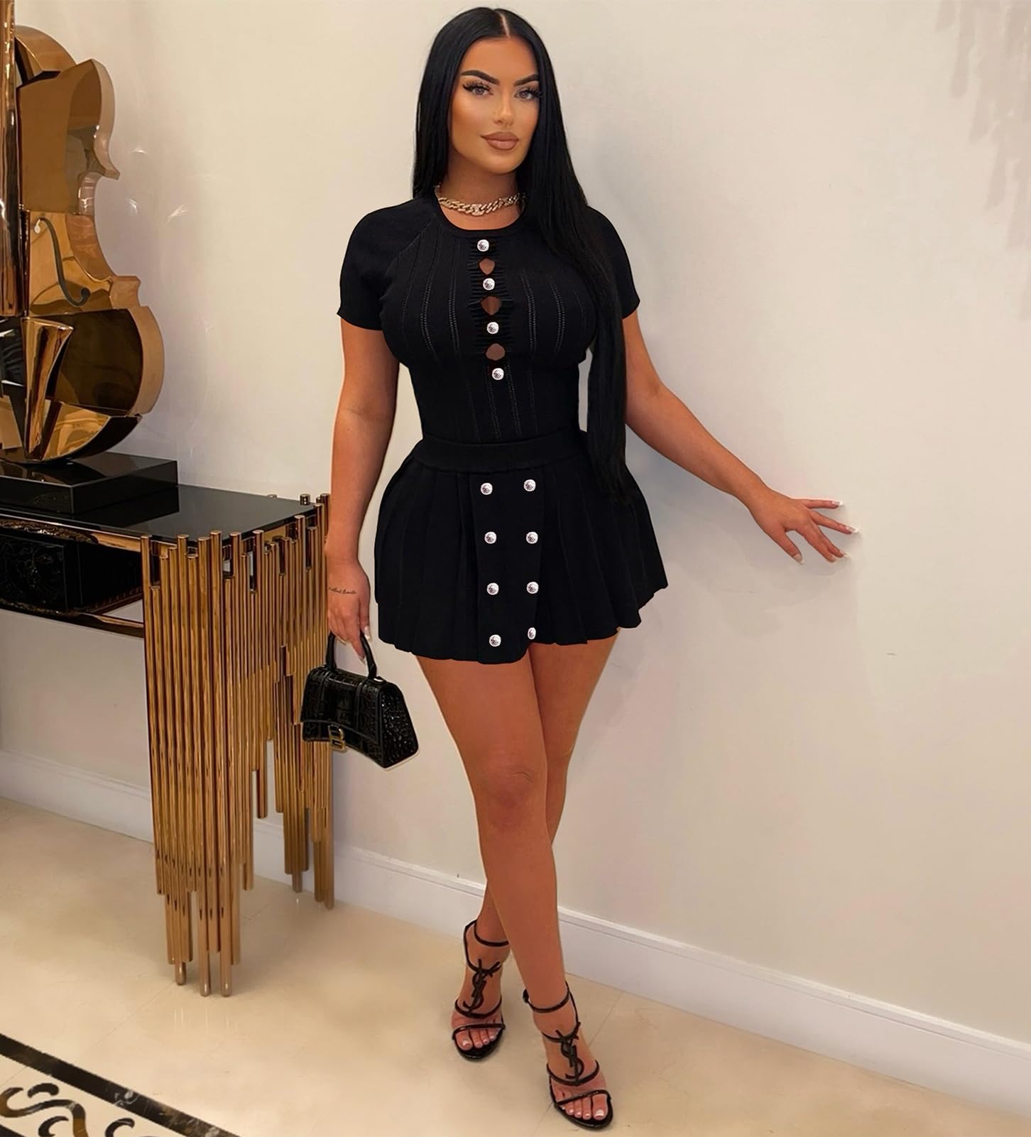 Conjunto de 2 piezas para mujer, top corto de punto, plisado, mini falda para fiesta de verano, club, salir