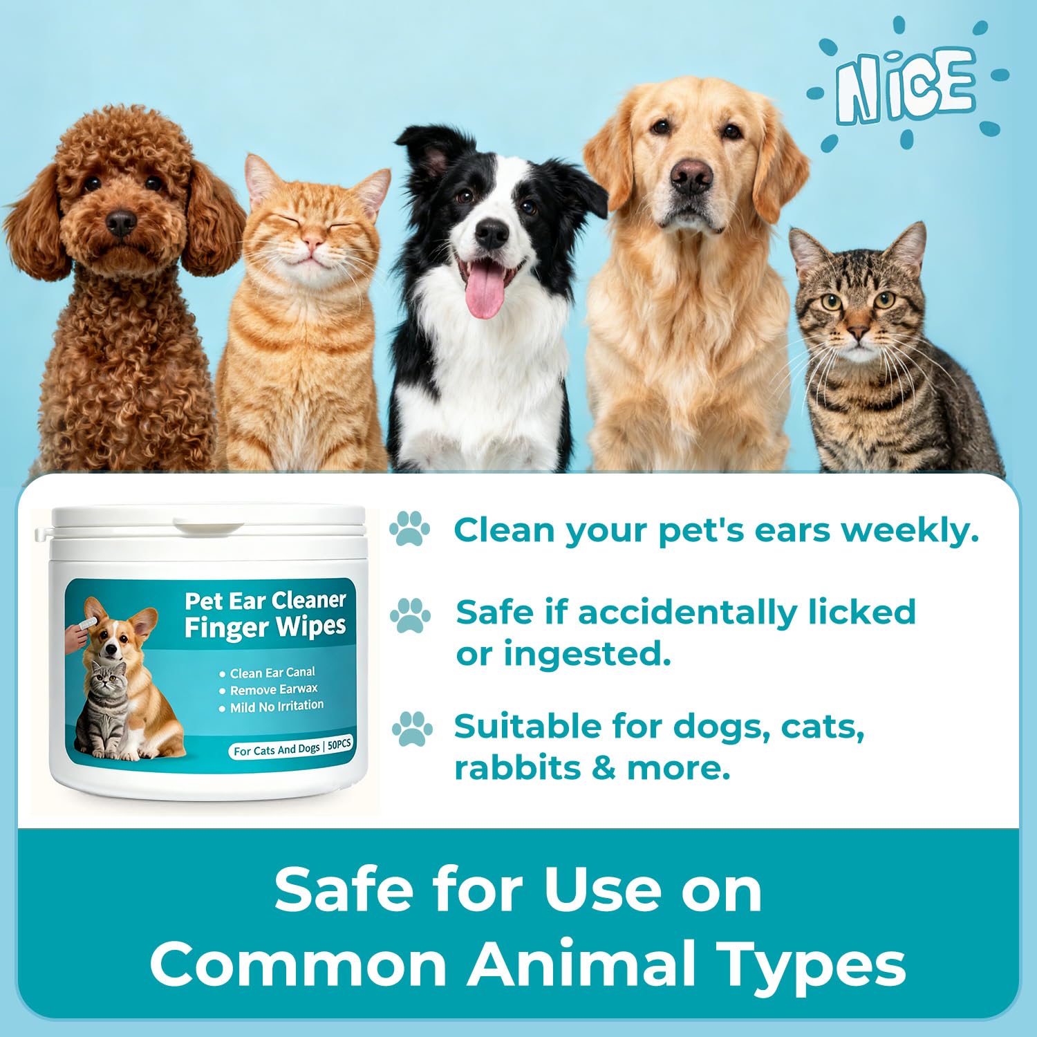 Pet Ear Cleaner Finger Wipes for Dogs, Cats, Gentle Alcohol-Free Formula, Removes Wax, Debris, 50 Count, Vet Approved, 4x8cm - image 7