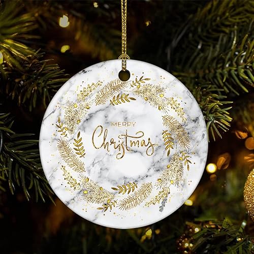 Two-Side Printed Merry Christmas Marble Ceramic Christmas Ornament Novelty for Family Friends Kids Abstract Christmas Keepsake Pendants