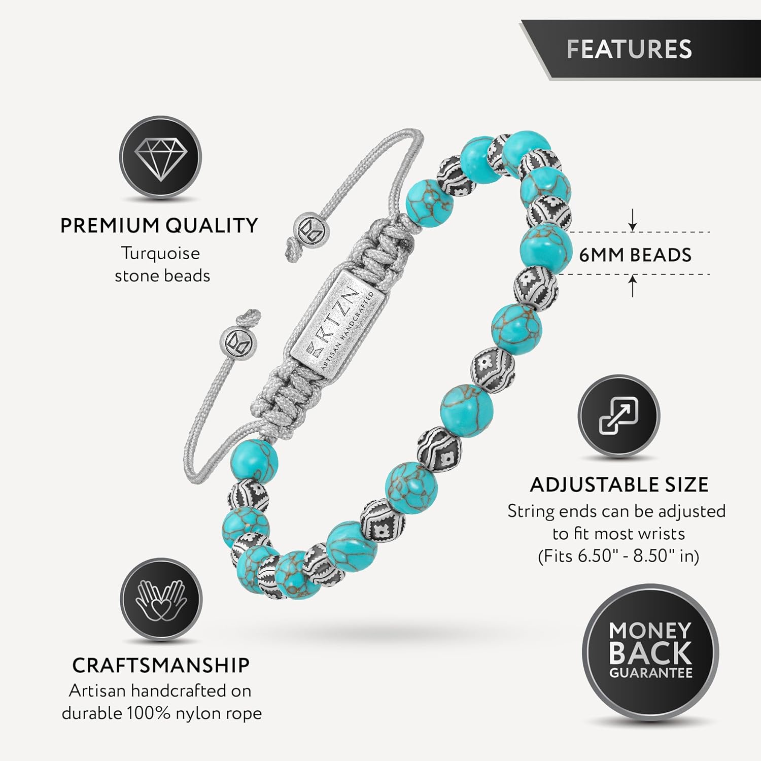 RTZN® Mens Turquoise Bracelet – Premium Handcrafted Western Turquoise Bracelets for Men – Adjustable Turquoise Beaded Bracelet - Image 3