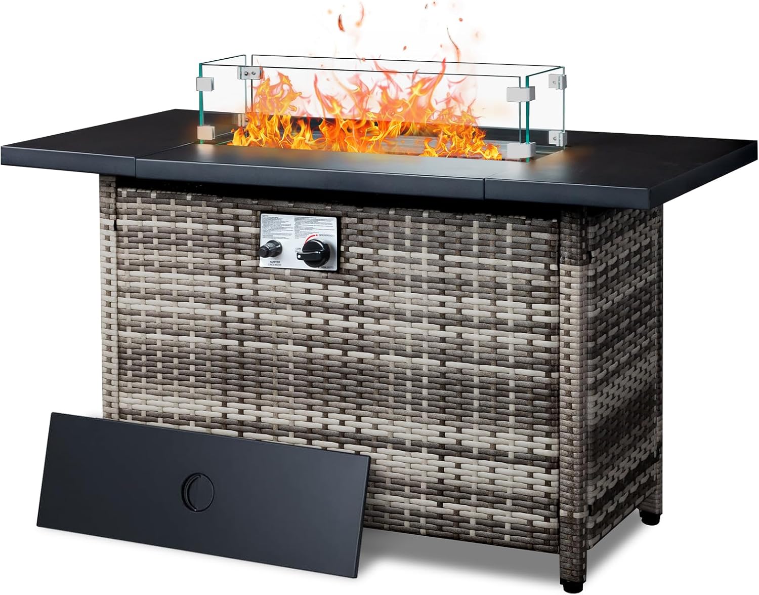 Outvita Fire Pit Table, 43" 50,000 BTU Rectangle Metal and Wicker Propane Fire Table with Lid, Lava Rocks, Waterproof Dust Cover and Glass Wind Guard for Garden Backyard Deck Patio