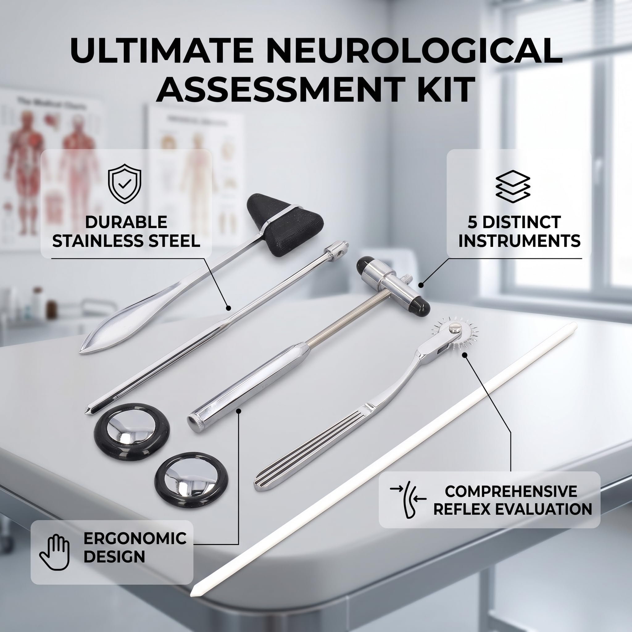 Martillo Neurológico de 5 Uds. para Reflejos, Portátil Multifuncional de Acero Inoxidable para Examen del Nervioso