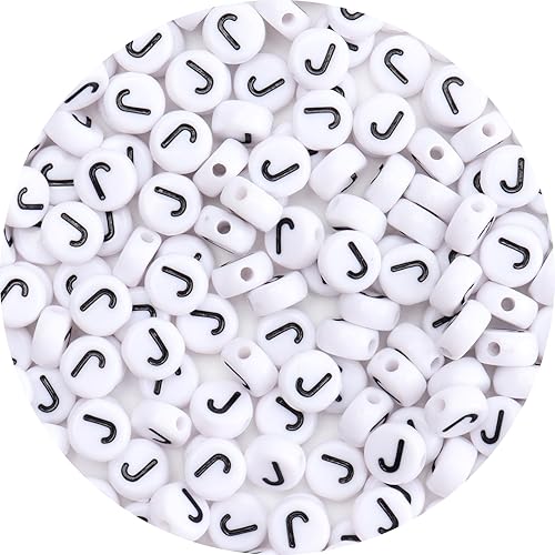 Siomia 100 cuentas de letras redondas blancas del alfabeto acrílico de 0.157 x 0.276 pulgadas, cuentas de letra J para hacer joyas, pulseras,
