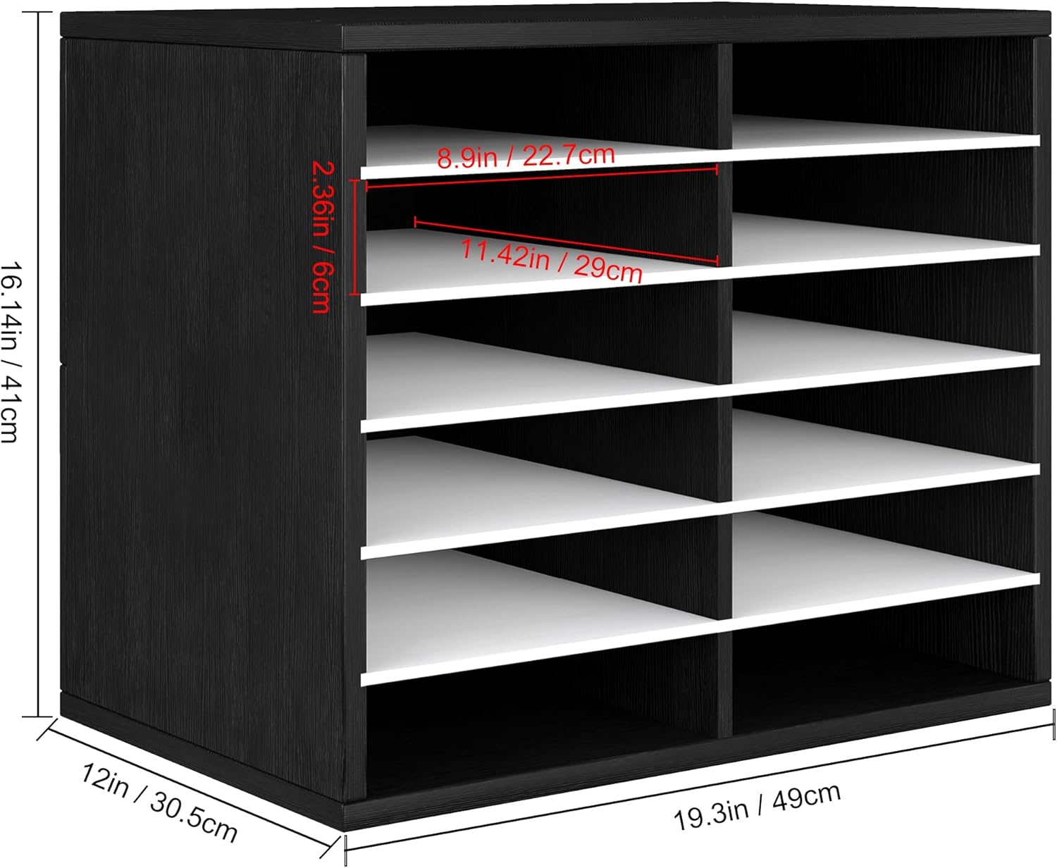 Wood Paper Storage Organizer for Desk, 12 Compartments Wooden File Sorter with Adjustable Shelves, Mail Sorter Organizer Countertop for Office, Home, School，Black and White