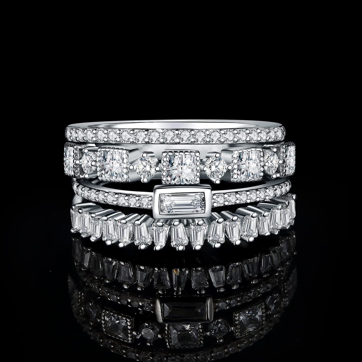 JewelryPalace 1.06ct Eternity Anello Solitario Donna Argento 925 con Cubica Zirconia, 4 Anelli Impilabili Donne con Pietra a Taglio Smeraldo, Fedi Nuziali Tre Ori Anelli Matrimonio Set Gioielli Donna
