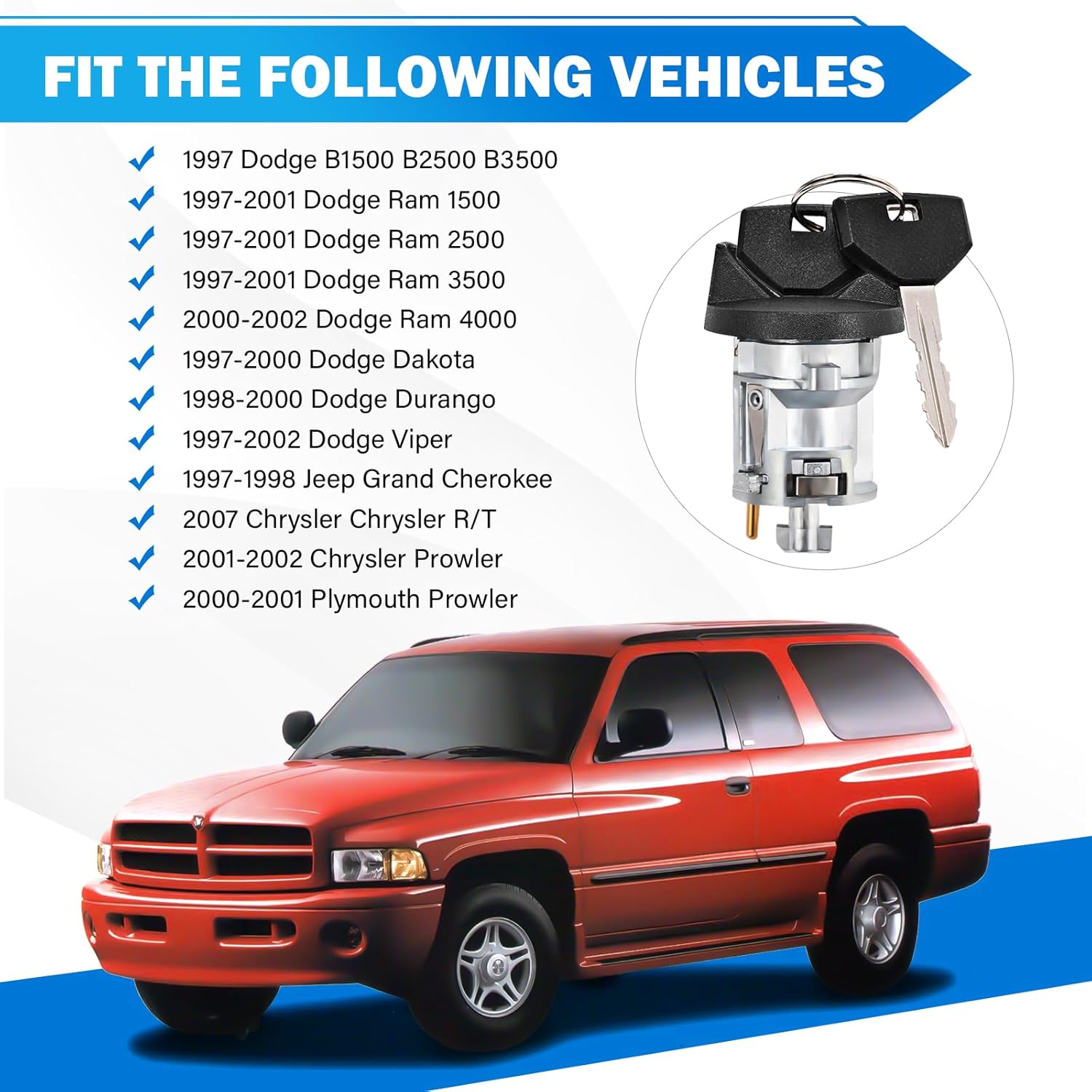 Ignition Switch Lock Cylinder & Door Lock Cylinder w/Keys Compatible with Dodge Ram 1500 2500 3500 Dakota Durango Viper Jeep Grand Cherokee Chrysler Prowler Replace 5003845AA 56021346AB 5003893AA
