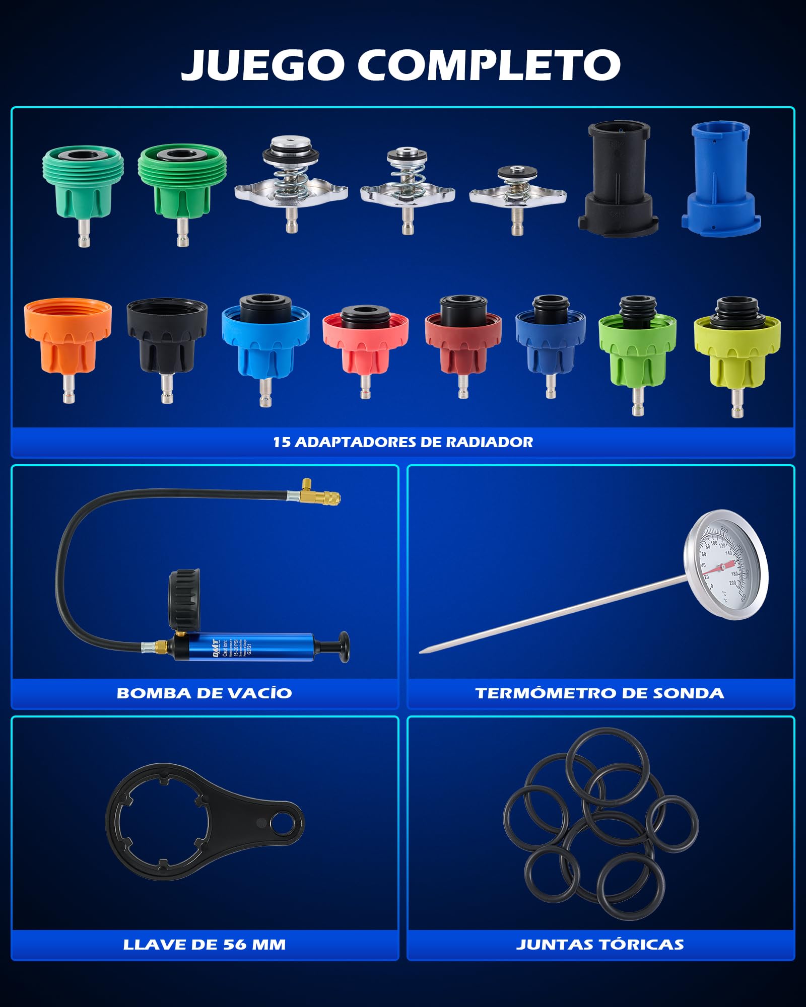 Orion Motor Tech 19 Piezas Kit de Prueba de Presión del Refrigerante con 15 Adaptadores y Llave Kit de Prueba de Presión para el Sistema de Refrigeración con Bomba de Vacío y Termómetro con Sonda