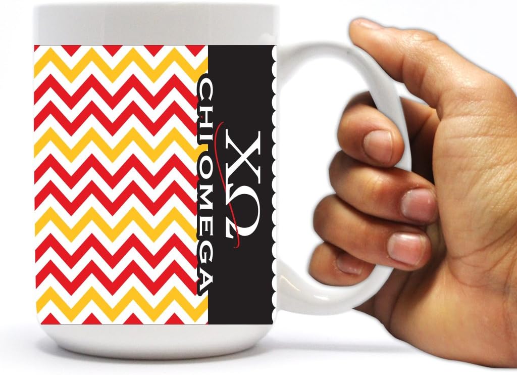 VictoryStore Ceramic Mugs - Chi Omega, Red and Yellow Chevron Stripes Coffee Mug, 15 ounces