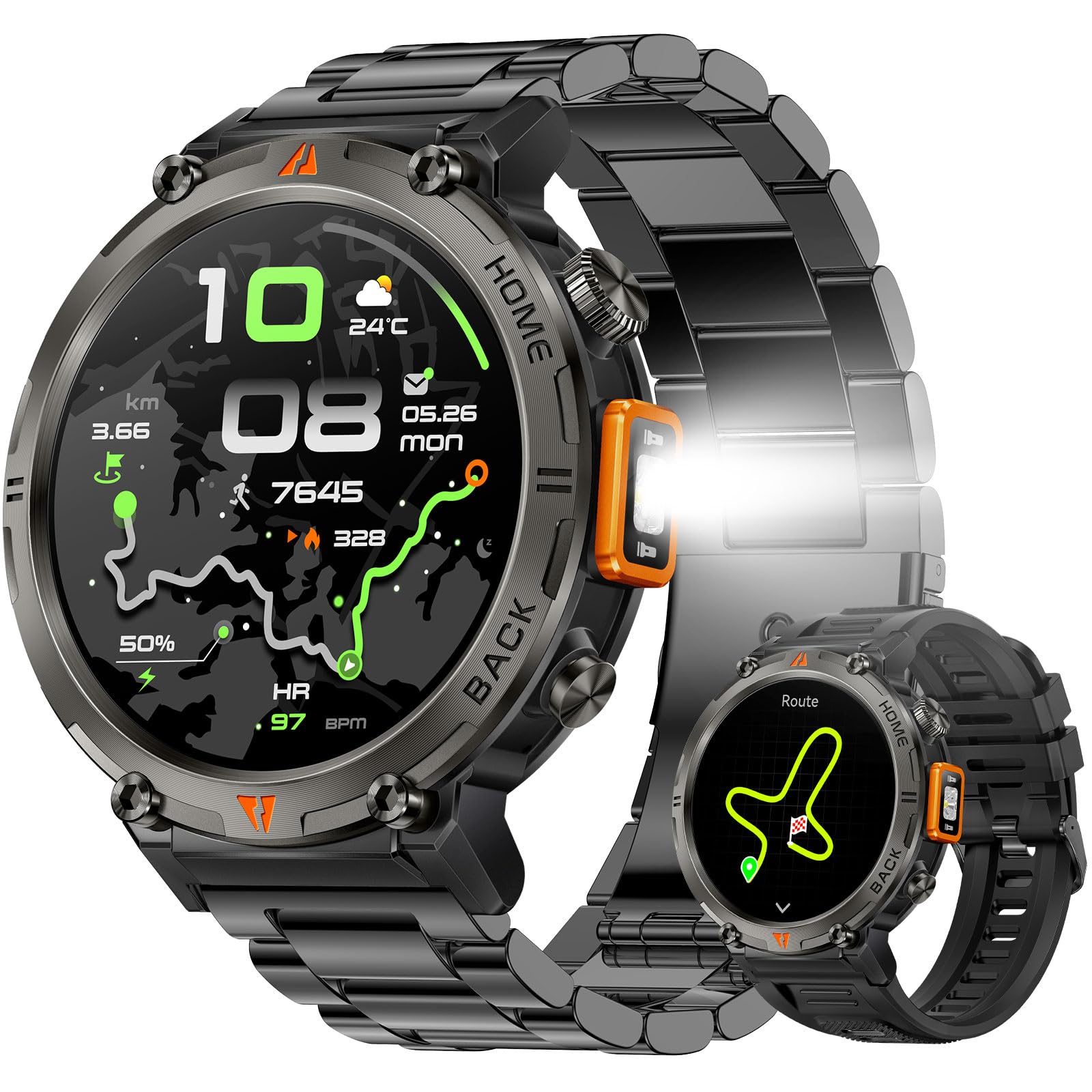GPS Smartwatch Militare Uomo Impermeabile 3ATM con Torcia LED Bussola, 1,45" HD Rugged Smartwatch Orologio con Chiamate Bluetooth, Fitness Watch con Cardiaca SpO2 Notifiche WhatsApp per Android iOS