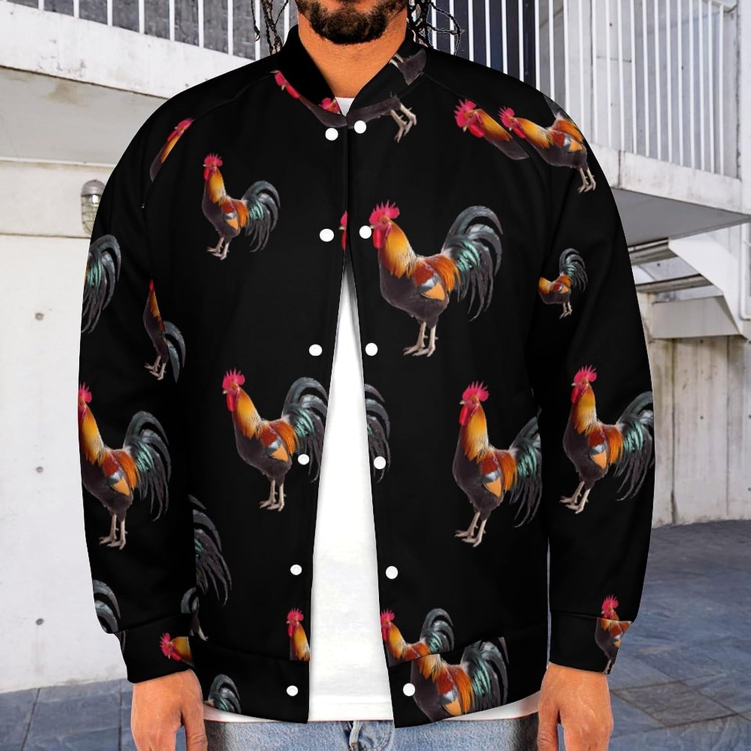 I Love My Rooster Novelty Men's Baseball Jackets Causal Sweatshirt Button Top Long Sleeve Coat