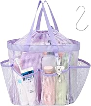 F-color Mesh Shower Caddy Portable with Drawstring - Upgrade Deeper 7 Pockets Dorm Room Essentials for Guys Girls with S Hook, Shower Bag Basket Tote for College Camping Toiletry Bathroom, Purple