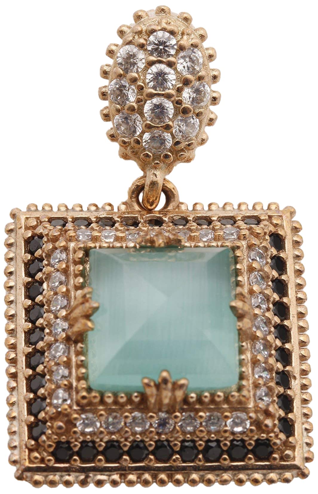 Handmade Turkish Handmade Jewelry Square Shape Cat's Aquamarine and Round Cut Black Onyx Topaz 925 Sterling Silver and Bronze Pendants
