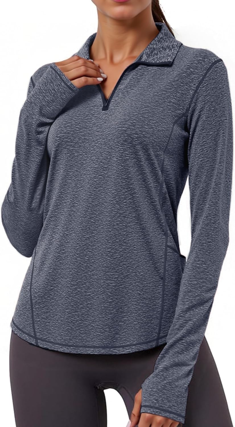 Gyabnw Gym Tops voor Vrouwen Thermisch Lange Mouw Top Hardlopen Workout Yoga Sport Wandelen Shirt Half Rits Fleece Activewear Kleding, Hei marine, L
