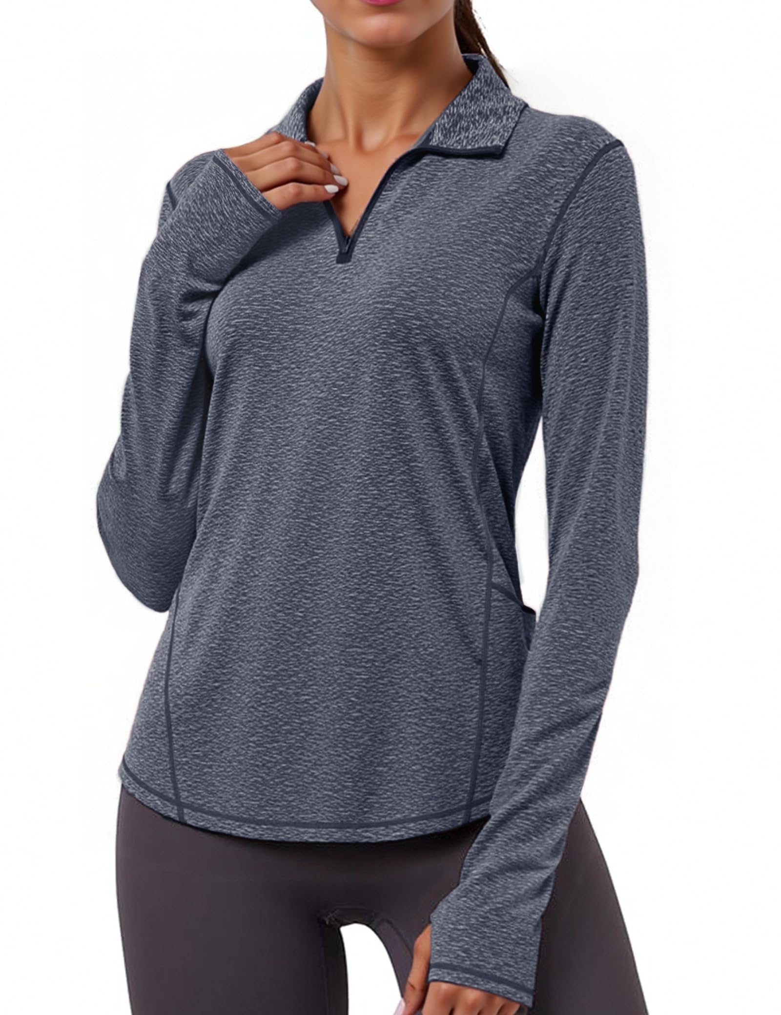 Gyabnw Damen Sportshirt Langarm mit Daumenloch Tasche Stehkragen Halbem Reißverschluss Atmungsaktives Funktionsshirt für Fitness Laufen Yoga Outdoor