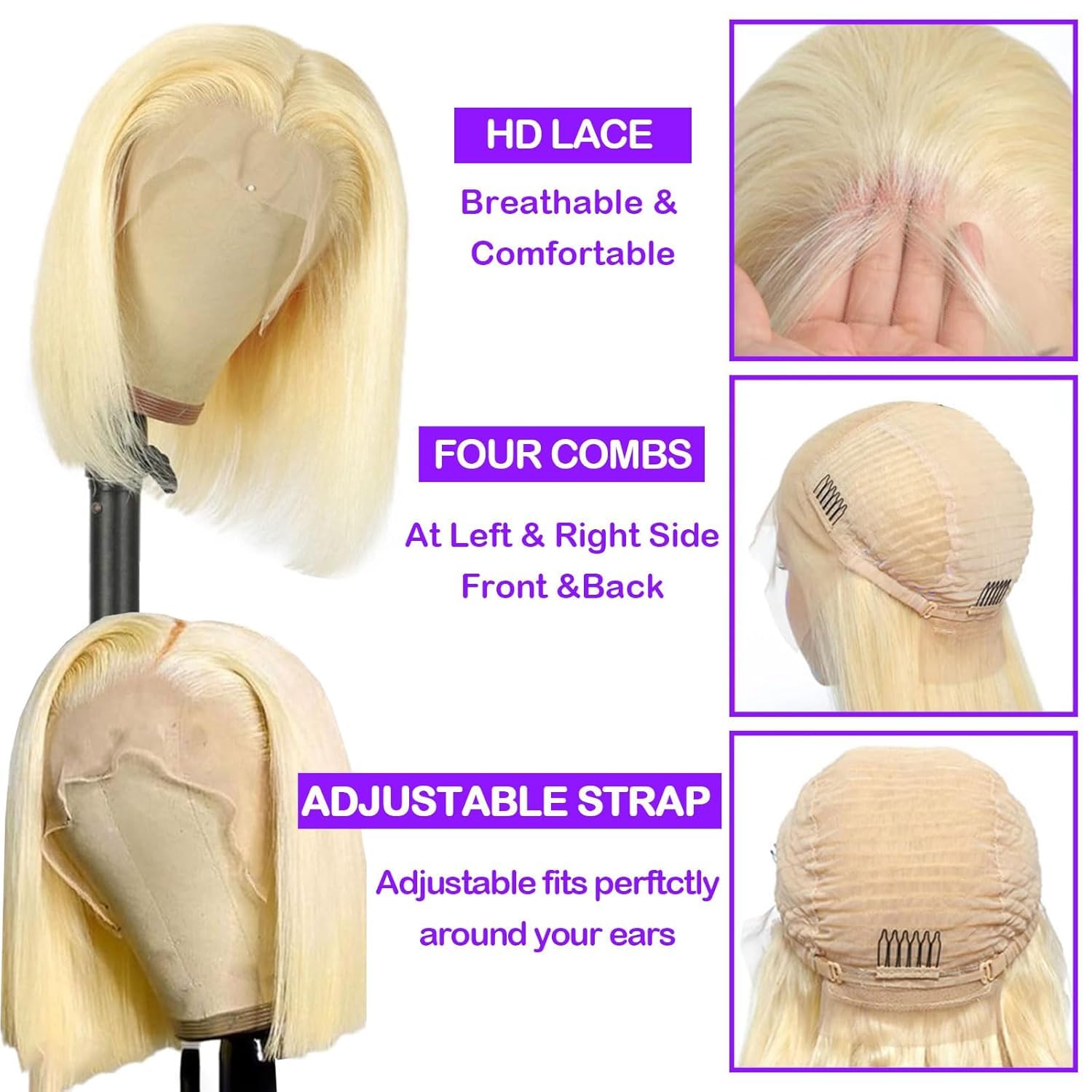 Gemlong 16 Inch 613 Honey Blonde Bob Wig 13x4 HD Transparent Lace Front Straight Bob Human Hair Wigs 200% Density Glueless Pre Plucked 613 Colored Short Bob Wigs Human Hair For Black Women