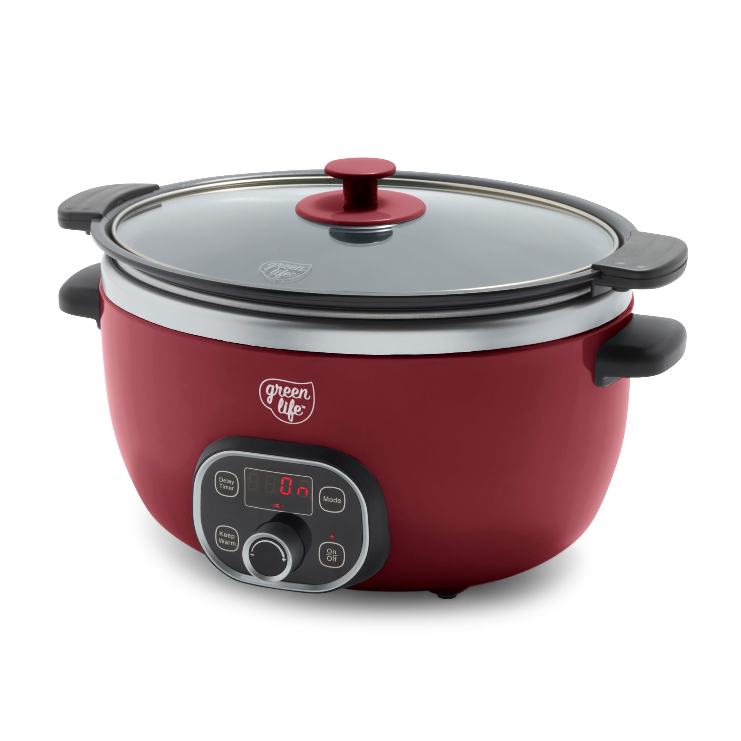 GreenLife 6QT Slow Cooker, Non-Toxic PFAS-Free Ceramic Nonstick Removable Interior Bowl, Programmable, Family Friendly, Keep Warm, Stovetop & Oven Safe, Dishwasher Safe Parts, Timer, Glass Lid, Red