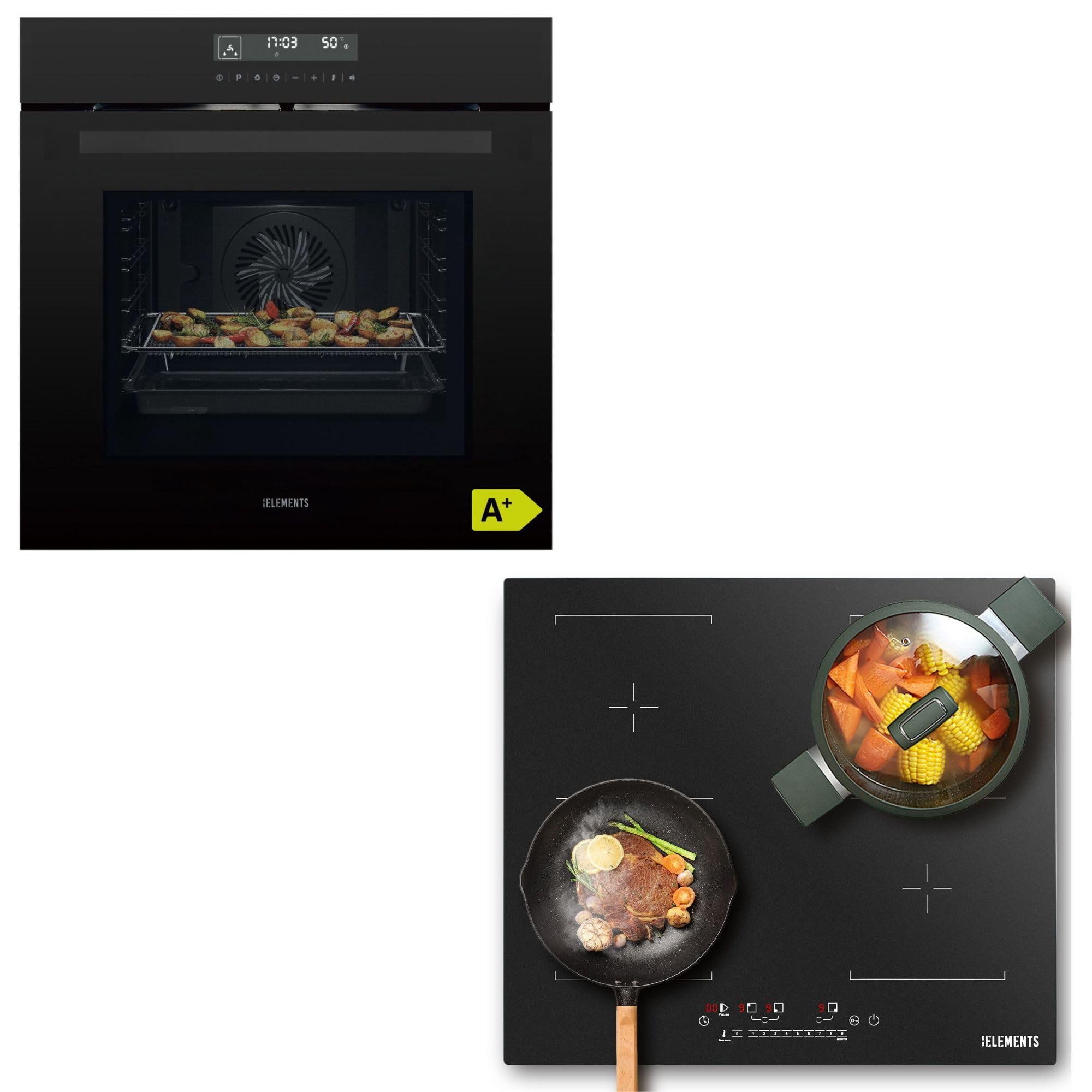Herdset 60cm Einbaubackofen Air Fry AQUA CLEAN 59cm Autarkes Induktionskochfeld kratzfest 2 Flexzonen Schwarz EEK A+