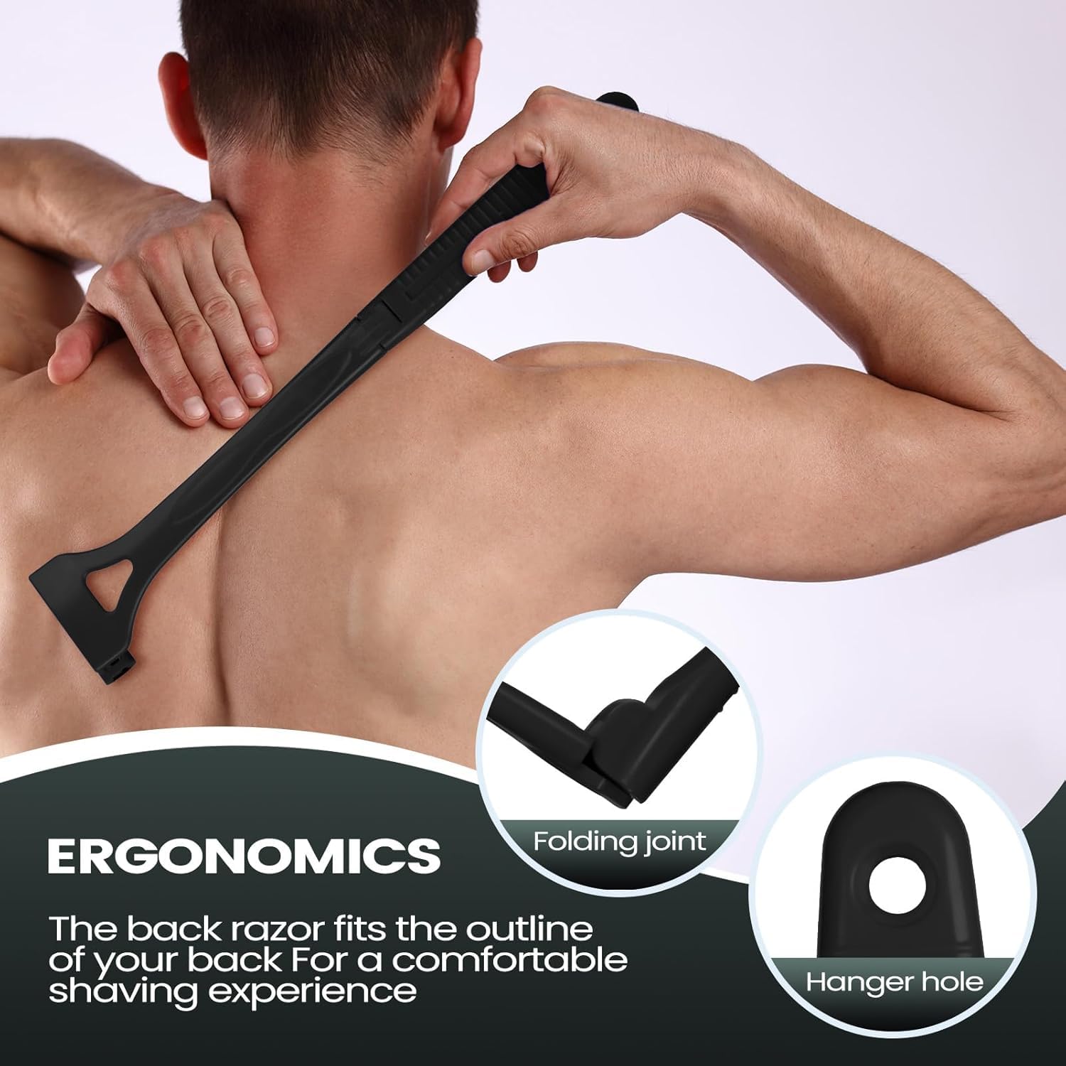 Afeitadoras de espalda para hombres con mango ergonómico largo plegable: afeitadora de pelo de bricolaje, hoja de seguridad reemplazable y afeitadora portátil para hombres, afeitado húmedo y seco