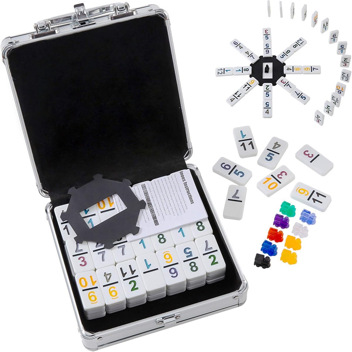 Homwom Mexican Train Dominoes with Numbers Double 12 Colored Numerical Dominoes Game Set 91 Tiles with 9 Trains, Scoreboard, Octagon Shape Hub and Aluminum Case