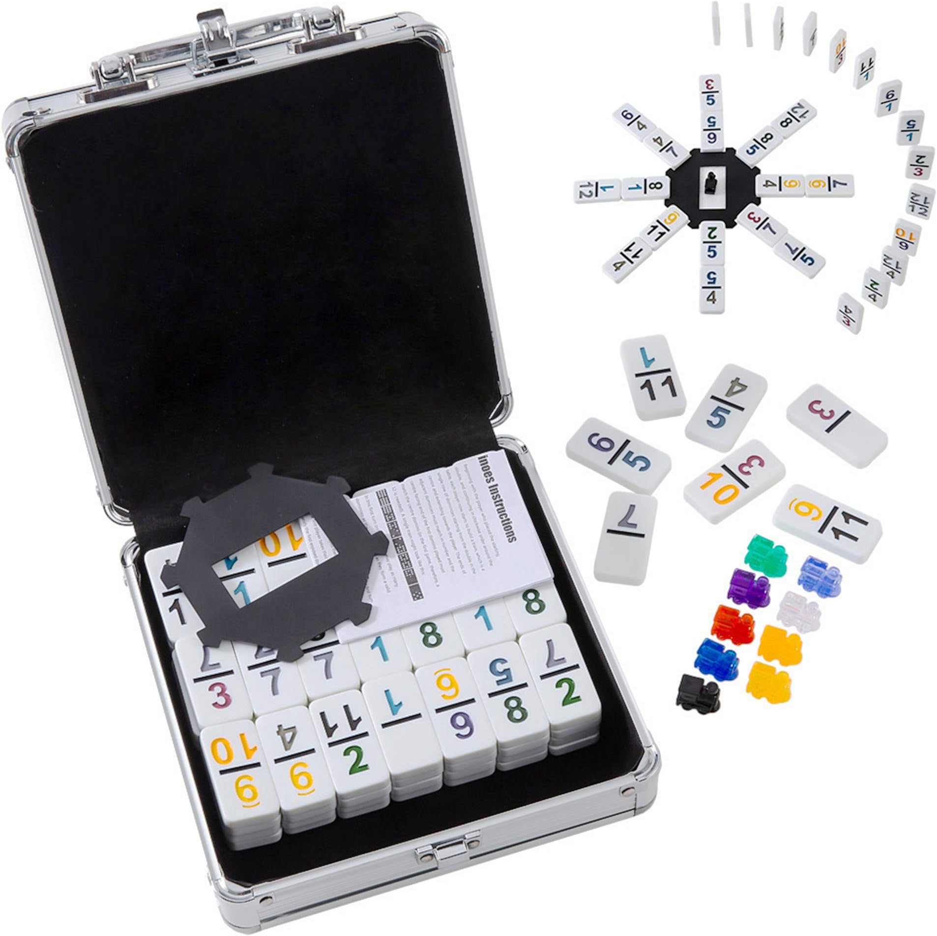 Homwom Mexican Train Dominoes with Numbers Double 12 Colored Numerical Number Dominoes Mexican Train Game Set 91 Tiles Dominoes with 9 Trains, Scoreboard, Octagon Shape Hub and Aluminum Case