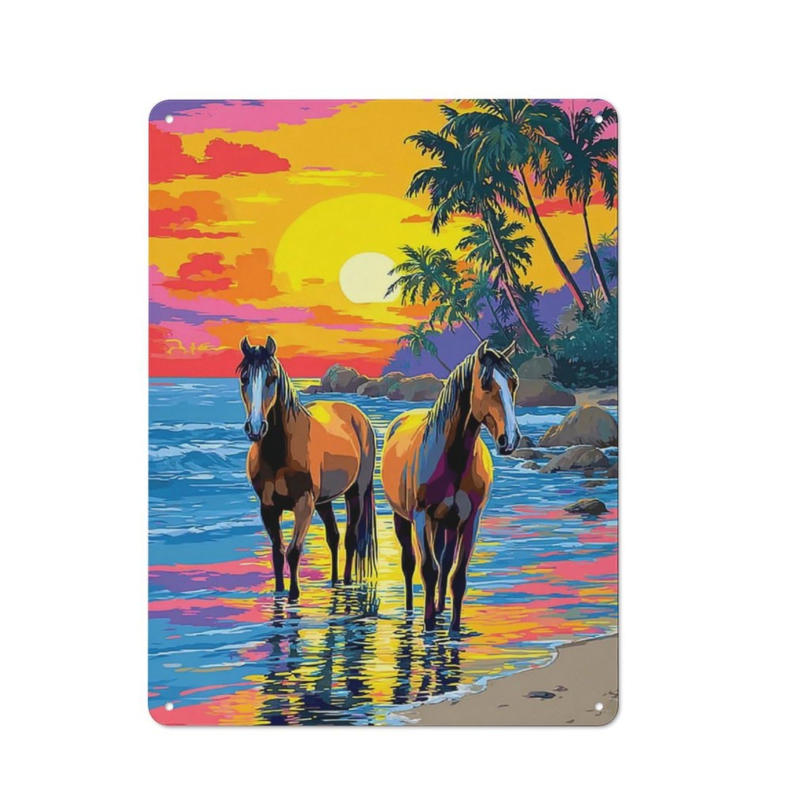 Junmoney Beach Sunset With Horses Vintage Metal Sign 40X30cm, Bistro Style Bistro Wall Plaque For Tea Room, Shop Wall Or Breakfast Area