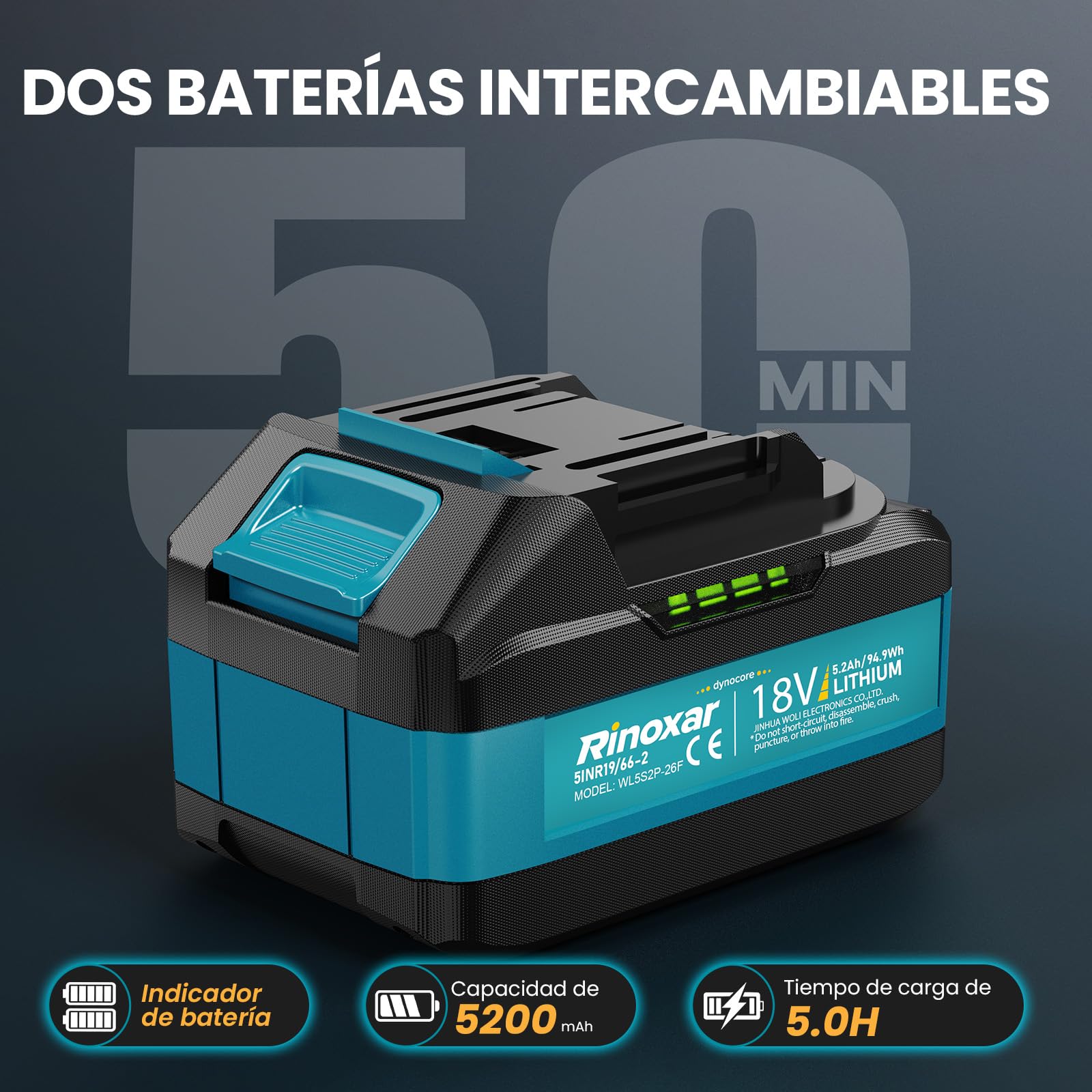 Soplador de Hojas, 5 Velocidades Sopladora de Hojas con Bateria con Motor Brushless, 2 Baterías de 5.2Ah/18V, 35.000 RPM, Velocidad Aire 180 km/h, Vaudal Aire 800 m³/h, 2 Boquillas Intercambiables