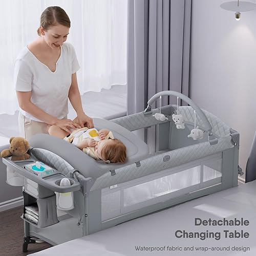 Miniatura 3 de Cuna 4 en 1, para empacar y jugar, para cuna de noche, cambiador de pañales, viene con colchón, mosquitera, almacenamiento inferior y barra de