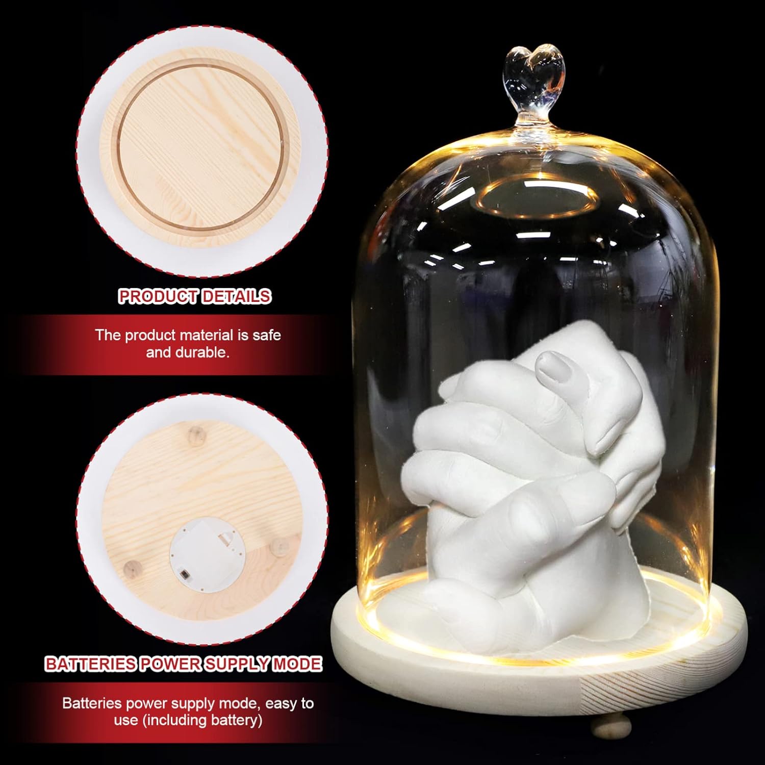 Beaupretty Romantic Couple Hand Ornament with Glowing Glass Dome Cover Led Base for Valentine Anniversary Wedding Home Decor