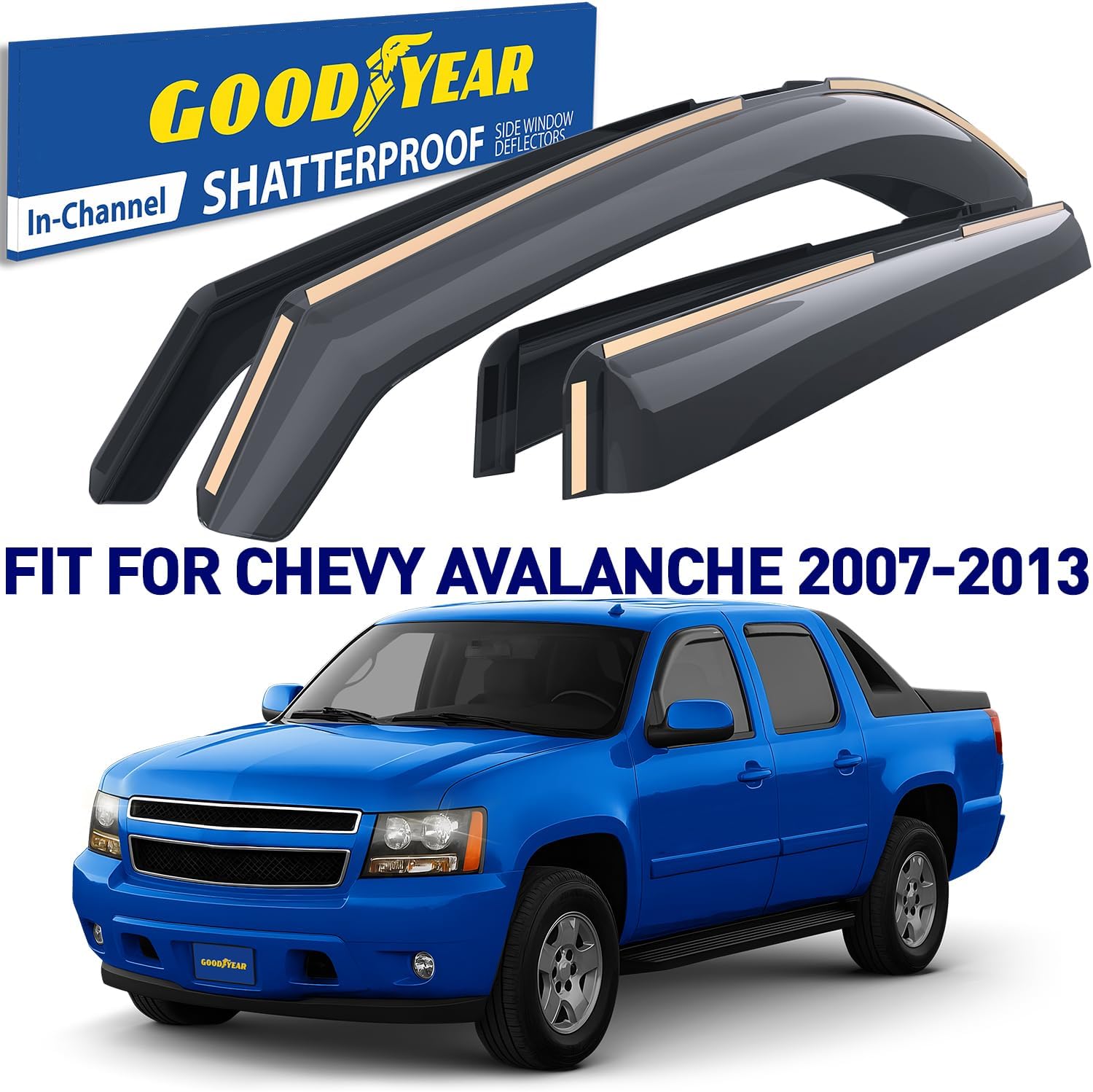 Goodyear Shatterproof in-Channel Window Deflectors for Chevrolet (Chevy) Avalanche 2007-2013, Rain Guards, Window Visors for Cars, Vent Deflector, Car Accessories, 4 pcs - GY007709