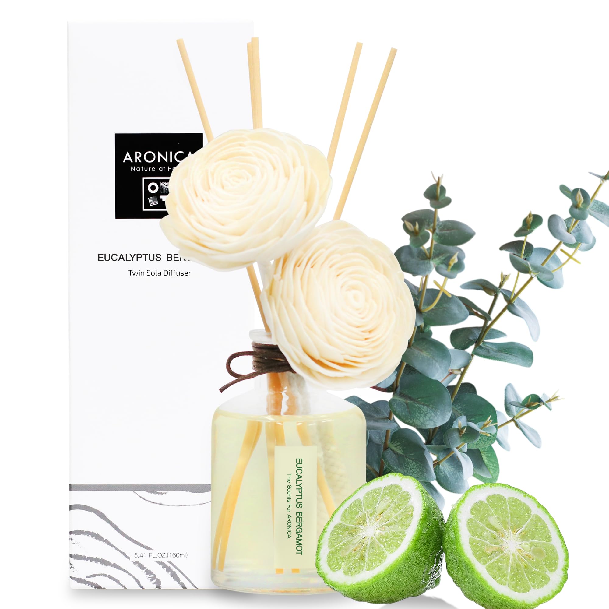 Aronica Twin Sola Diffuser 160ml Eucalyptus and Bergamot Essential Oil Flower Diffuser Non Toxic Reed Diffusers Beach Themed