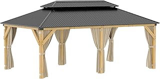 12' x 20' Outdoor Wood Gazebo, Hardtop Gazebo Permanent Wooden Pavilion with Galvanized Steel Double Roof, for Patio, Garden, Backyard, Cedar Wood