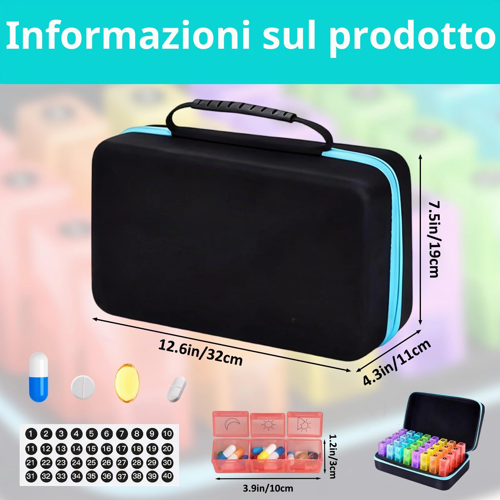 Portapillole mensile 3 volte al giorno, portatile, da viaggio, per pillole, mattina e sera, con 32 scomparti giornalieri, 1 mese, portapillole per farmaci, vitamine, olio di pesce