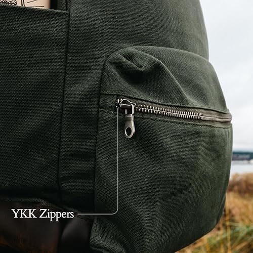 Miniatura 3 de Mochila de cuero de lona, lona encerada con ribete de piel de vaca de grano completo, mochila de estilo vintage, verde militar, Verde bosque