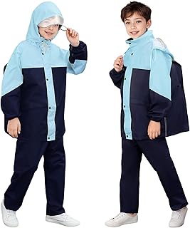 FILOWA Rain Suit Waterproof Children's Hooded Rain Jacket and Rain Trousers Breathable with Portable Bag Rain Set Two Piece Mud Suit Rainproof Rain Clothing for Girls Boys 8-14 Years