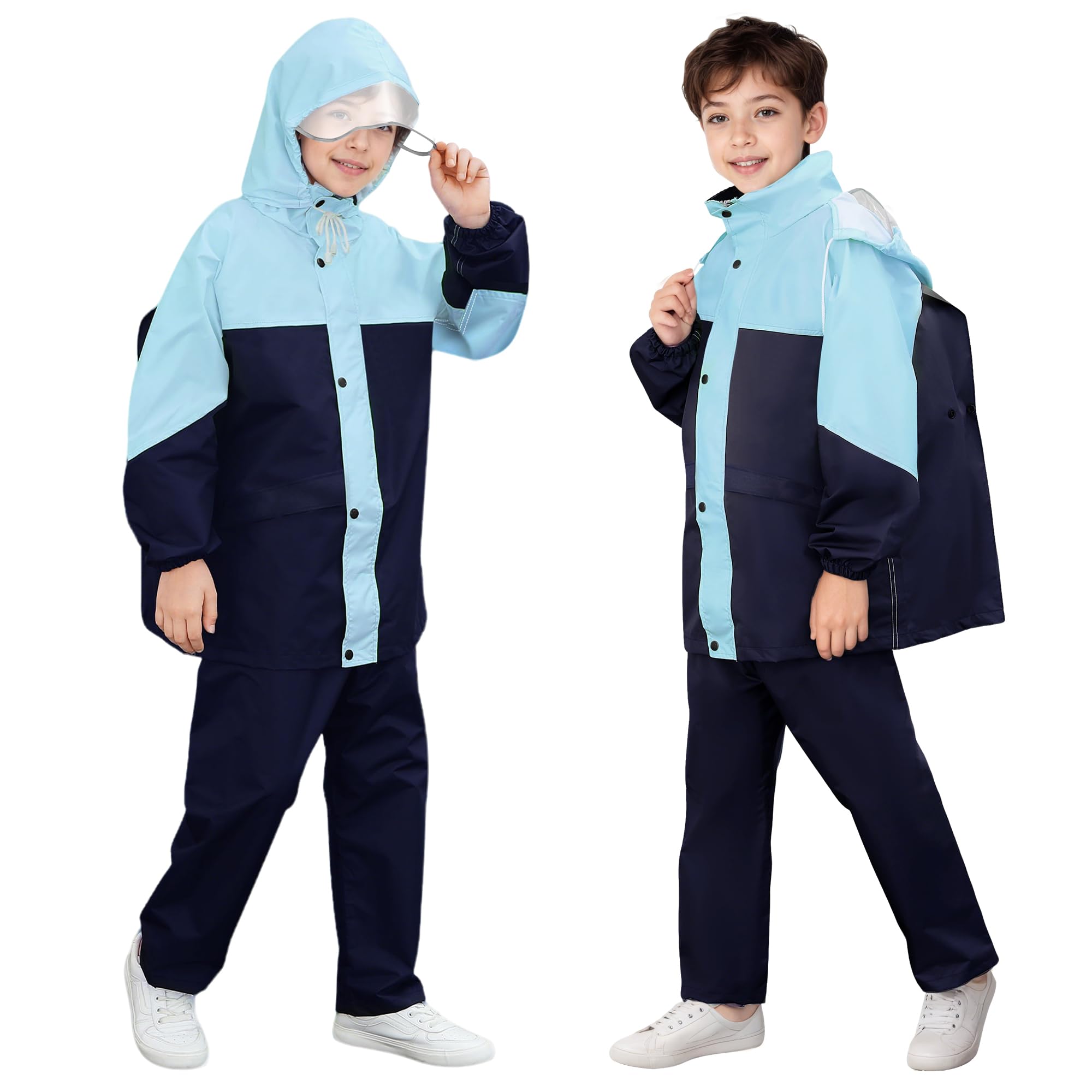 Chubasquero Impermeable Niño Niña Chaqueta Lluvia & Pantalones Traje con Capucha y Bolsa Portátil Impermeable Traje de Lluvia Conjunto Ligero Aire Libre Abrigos para Adolescente 8-14 años