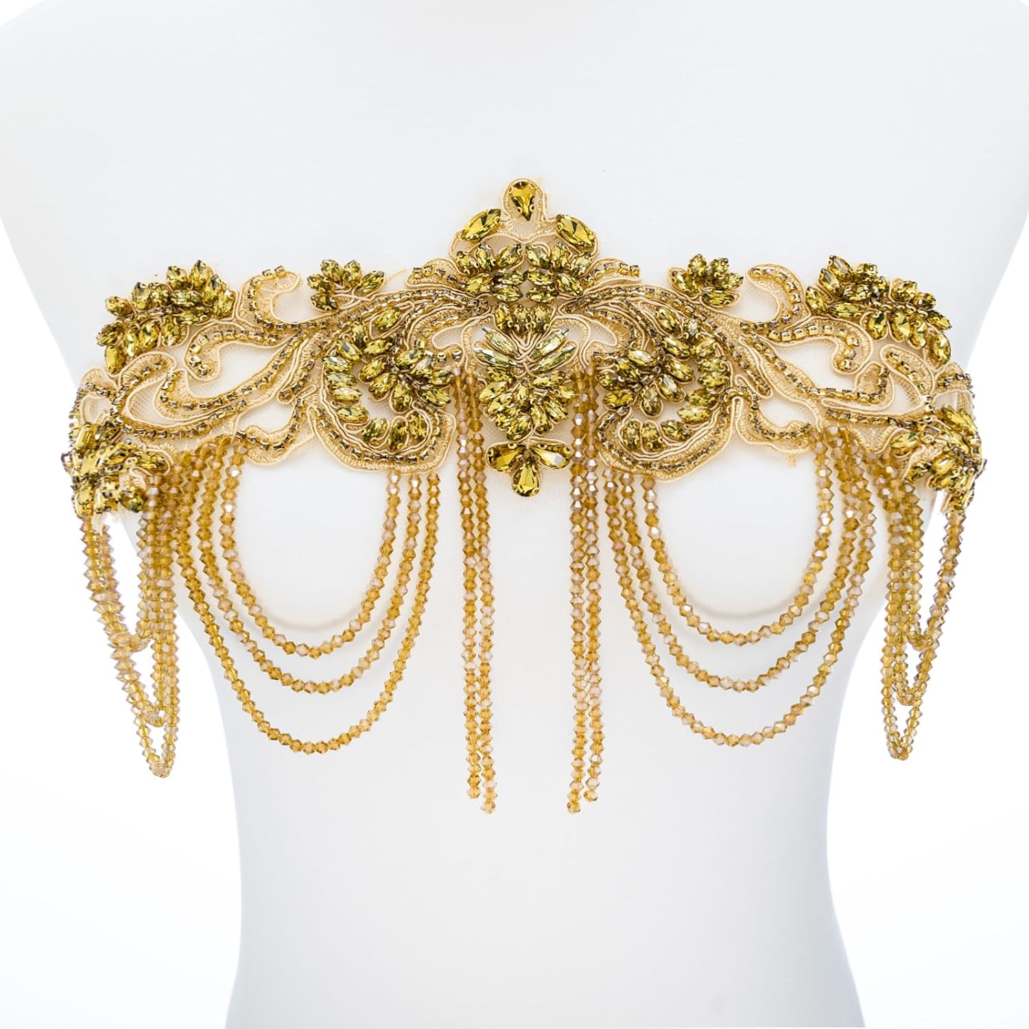 Glod Beaded Rhinestones Applique Embellishment for Clothes,Epaulettes Shoulder Patches Sew-on Diamond Sequin Applique for Wedding Dress DIY Accessories Belt Waist Decoration