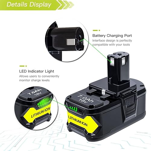 Miniatura 4 de DTK Paquete de 2 baterías de repuesto de 7.0Ah 18V para Ryobi 18V Battery One Plus P102 P103 P104 P105 P107 P108 P109 P190 P122 18V litio ONE+