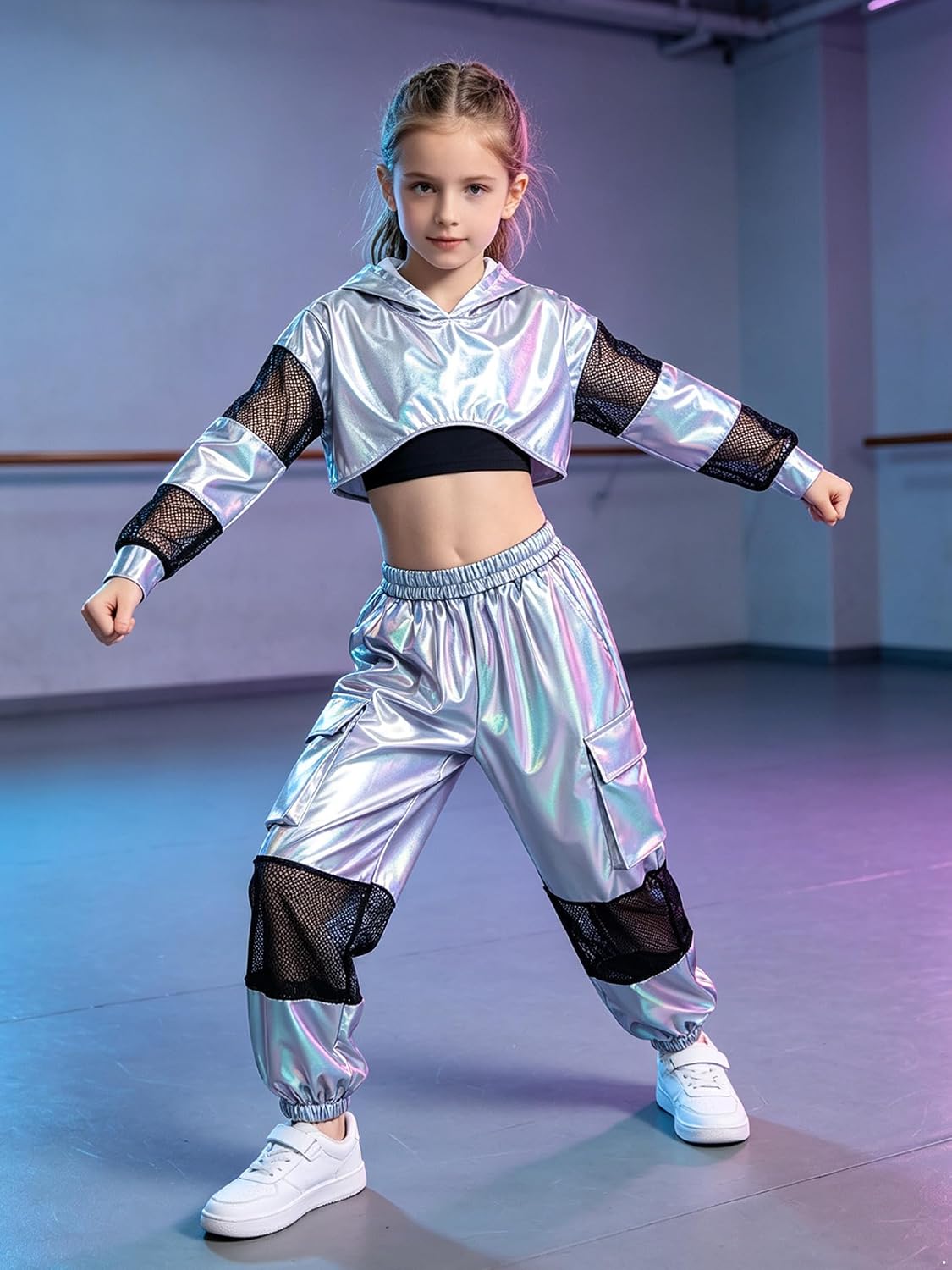 Kids Girls Metallic Dance Outfit Sparkle Sweatsuit Silver 6 Years