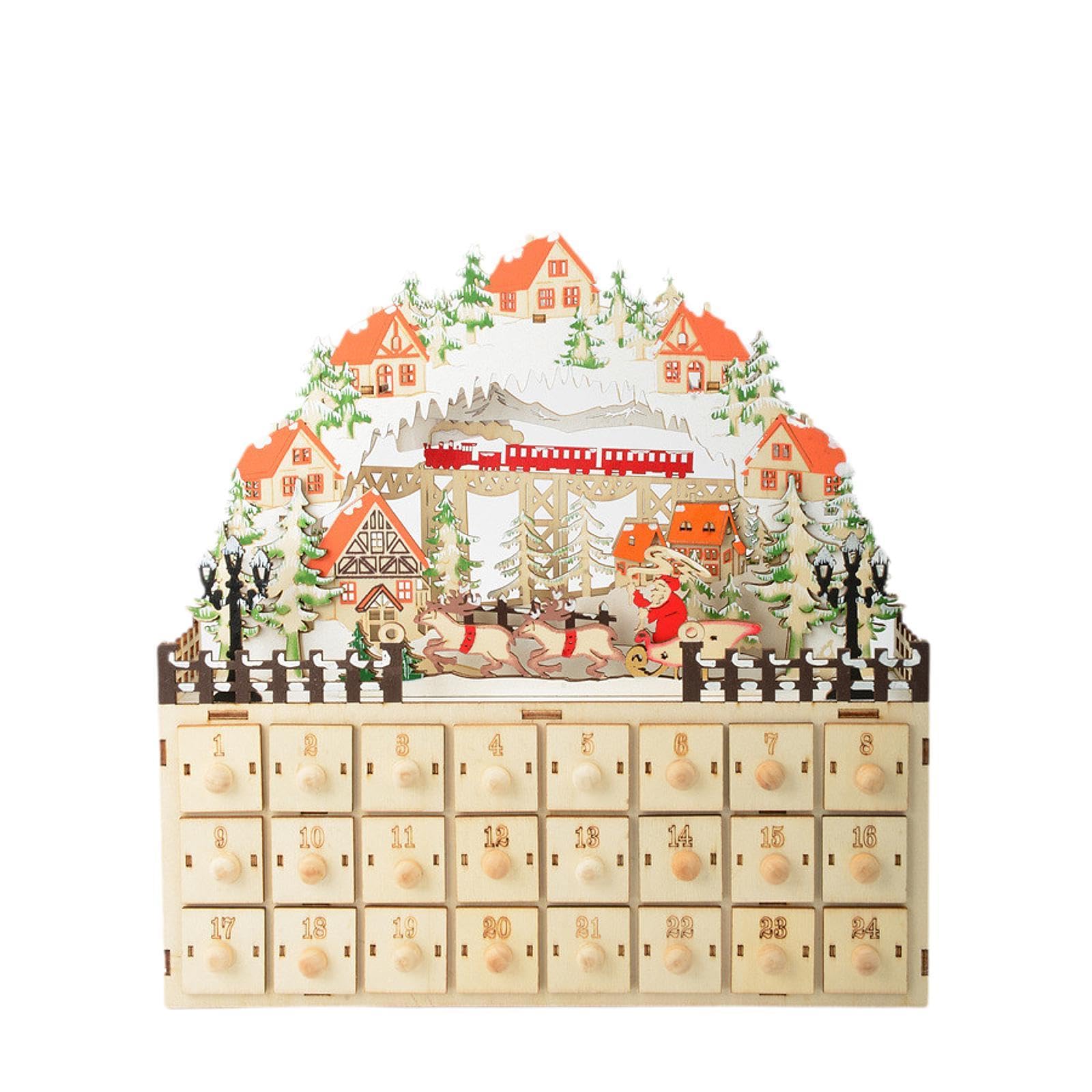Weihnachts-Adventskalender aus Holz, beleuchtet mit 24 Schubladen, 2 Stück