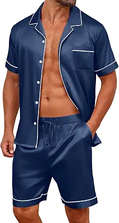 Vssjavun Mens Satin Silk Pajamas Sets Short Sleeve Button-Down Sleepwear Two Piece Loungewear with Pockets