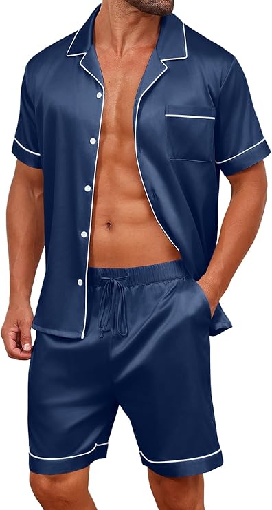 Vssjavun Mens Satin Silk Pajamas Sets Short Sleeve Button-Down Sleepwear Two Piece Loungewear with Pockets