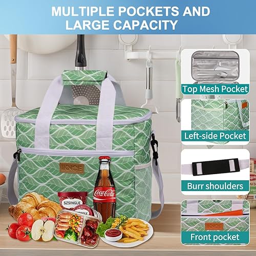 Miniatura 9 de iknoe Bolsa térmica grande plegable para 24 latas, bolsas aisladas a prueba de fugas con múltiples bolsillos para adultos, lonchera aislada para