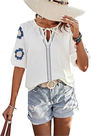 Womens Summer Tops Floral Embroidered Puff Short Sleeve Shirts V Neck Boho Tunic Casual Blouse